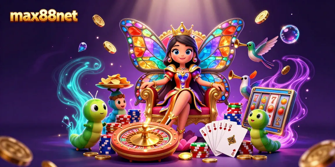 Experience the magic of max88net with vibrant slots and a whimsical casino scene full of treasures.