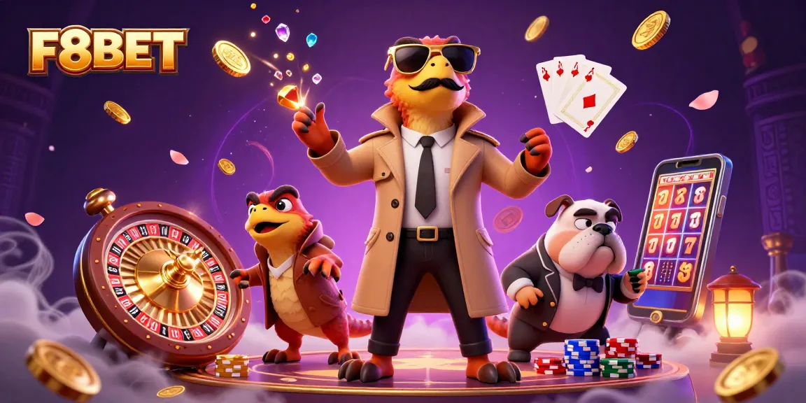 F8BET raptors sneakily trying to enter VIP casino lounge amidst dazzling coins and bright gambling elements.