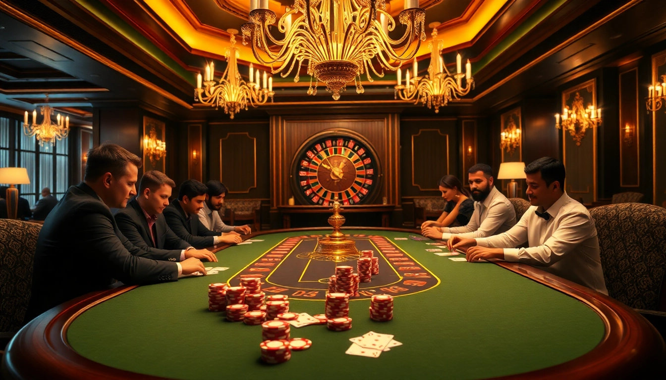 A vibrant casino scene with players at a poker table and roulette wheel showcasing the thrill of online gambling at https://8kbet3.com/.