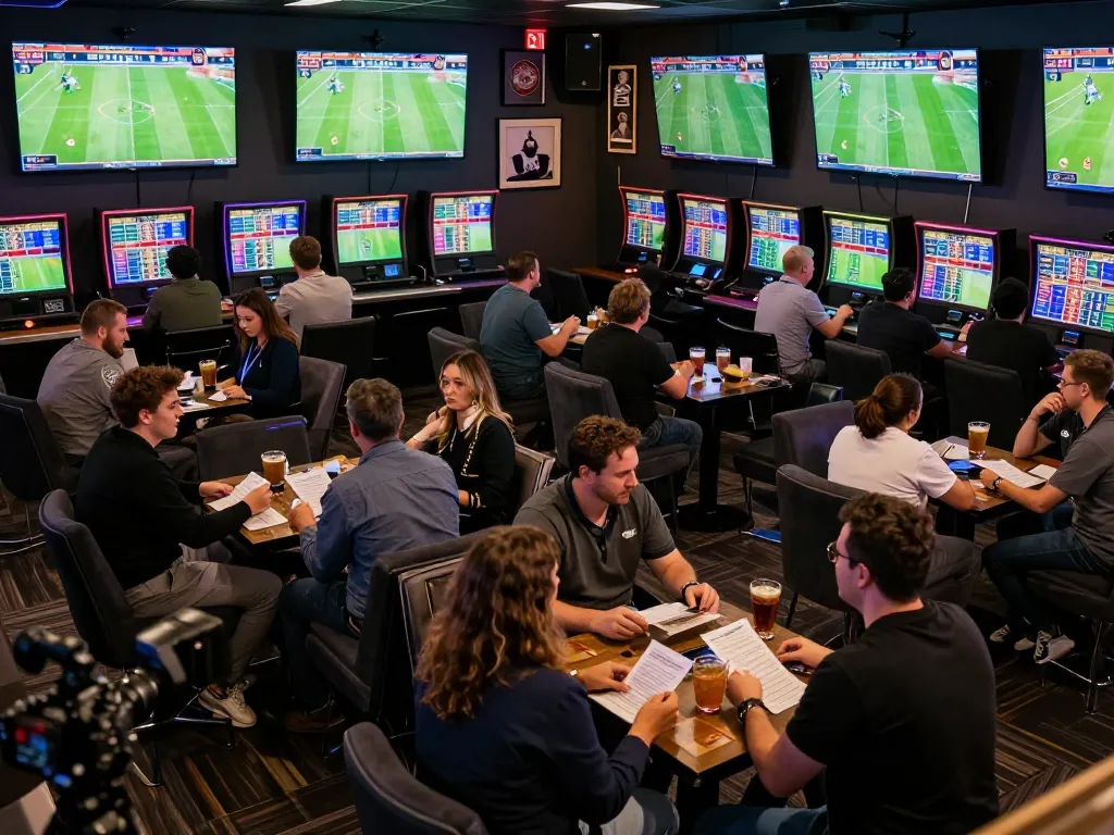 Cakhia sports betting scene with patrons engaged in live football action and odds updates.