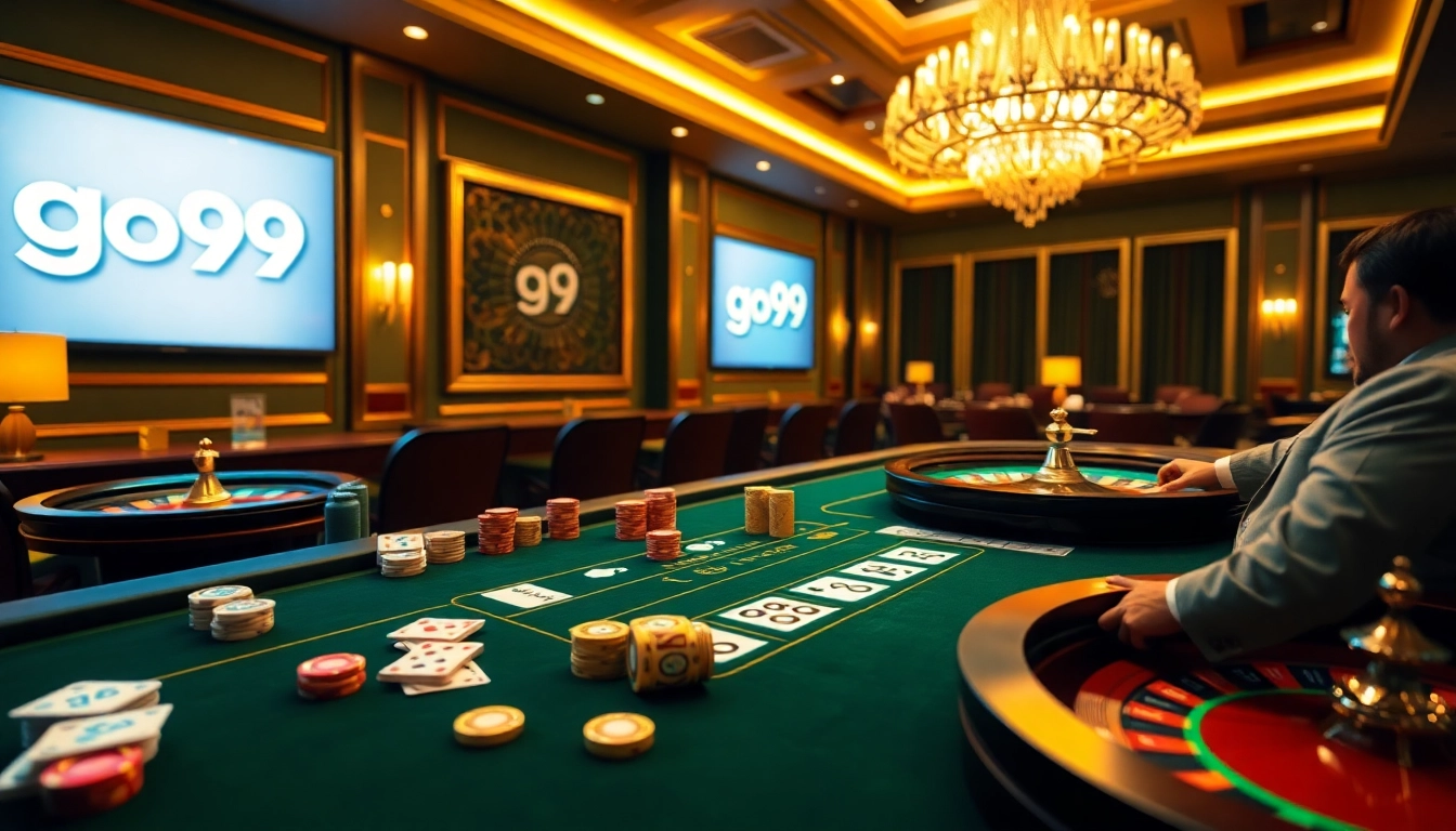 Players enjoying a thrilling gambling experience at go99 casino table with chips and cards.