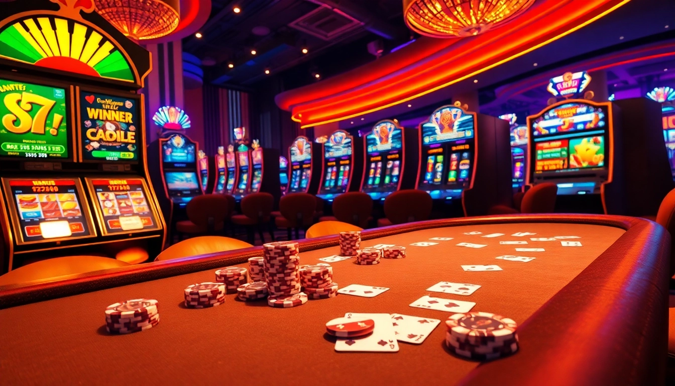 Experience luxury gambling with https://8kkbet.com/ poker table, chips, and slot machines in a vibrant casino setting.
