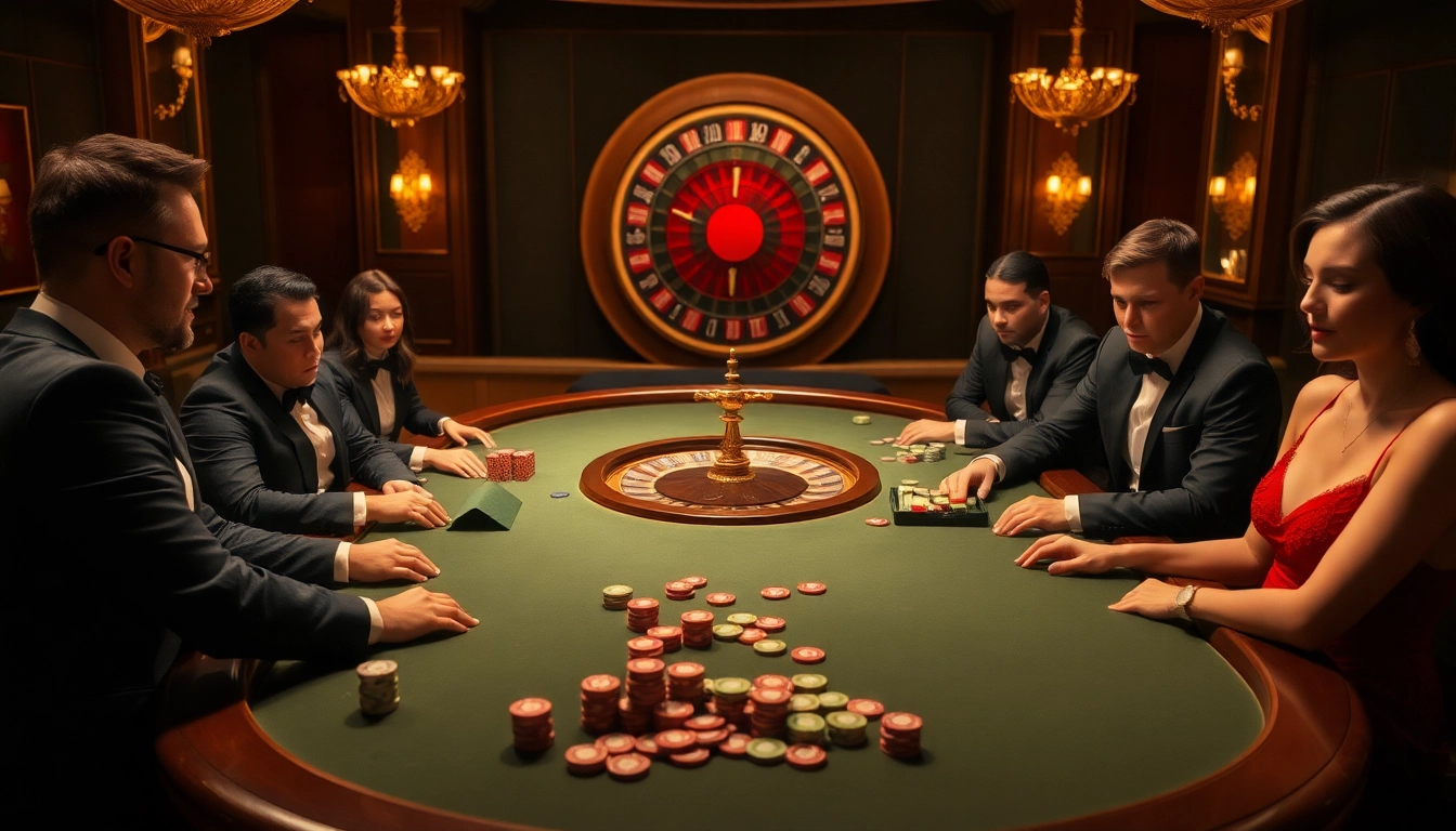 The excitement of players at a luxury poker table in a casino, capturing the essence of https://luck8com.biz gambling experience.