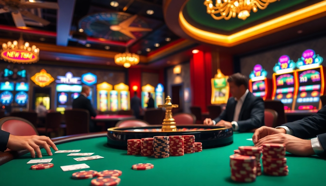 Engaging poker action at new88 com in an elegant casino setting with vibrant lights and professional gaming.