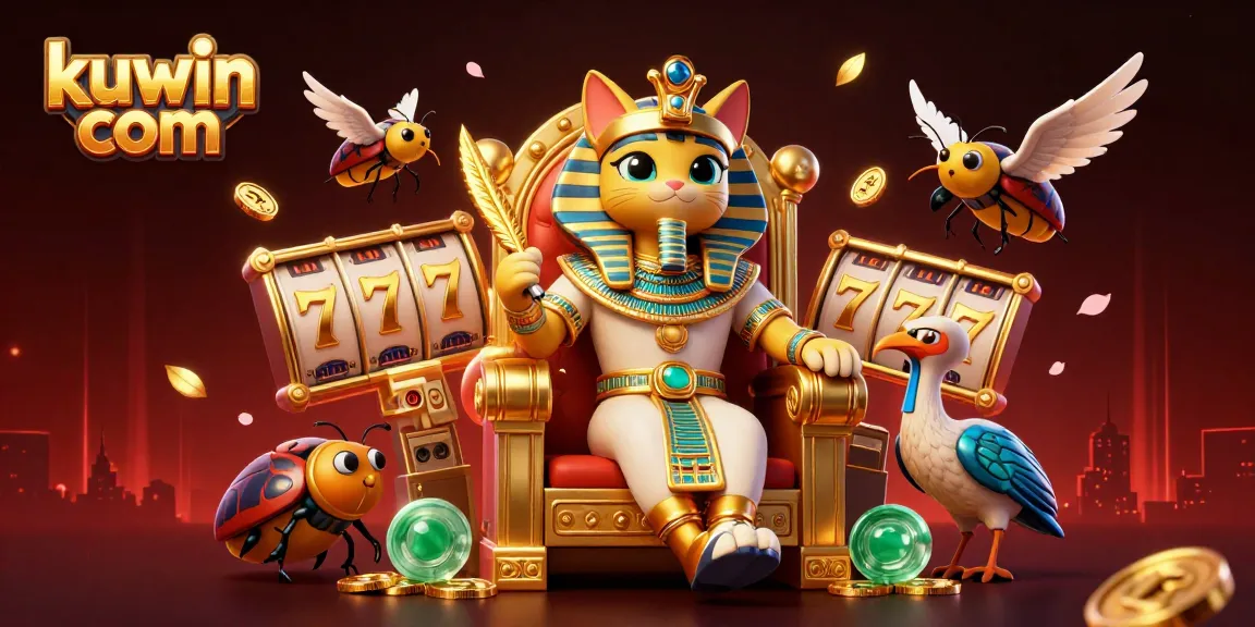 Kuwin com offers a vibrant gaming experience with an Egyptian pharaoh cat, lucky symbols, and stunning visuals for an exciting casino atmosphere.