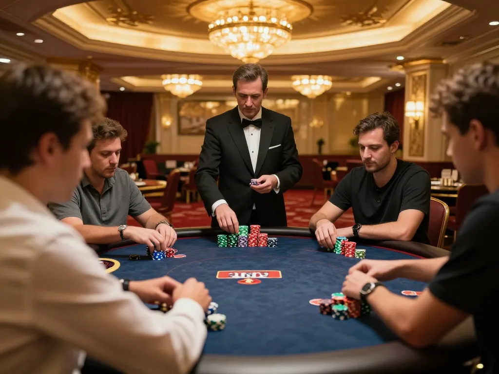 Engaged players strategizing their bets at MM88 poker table amid a luxury casino ambiance.