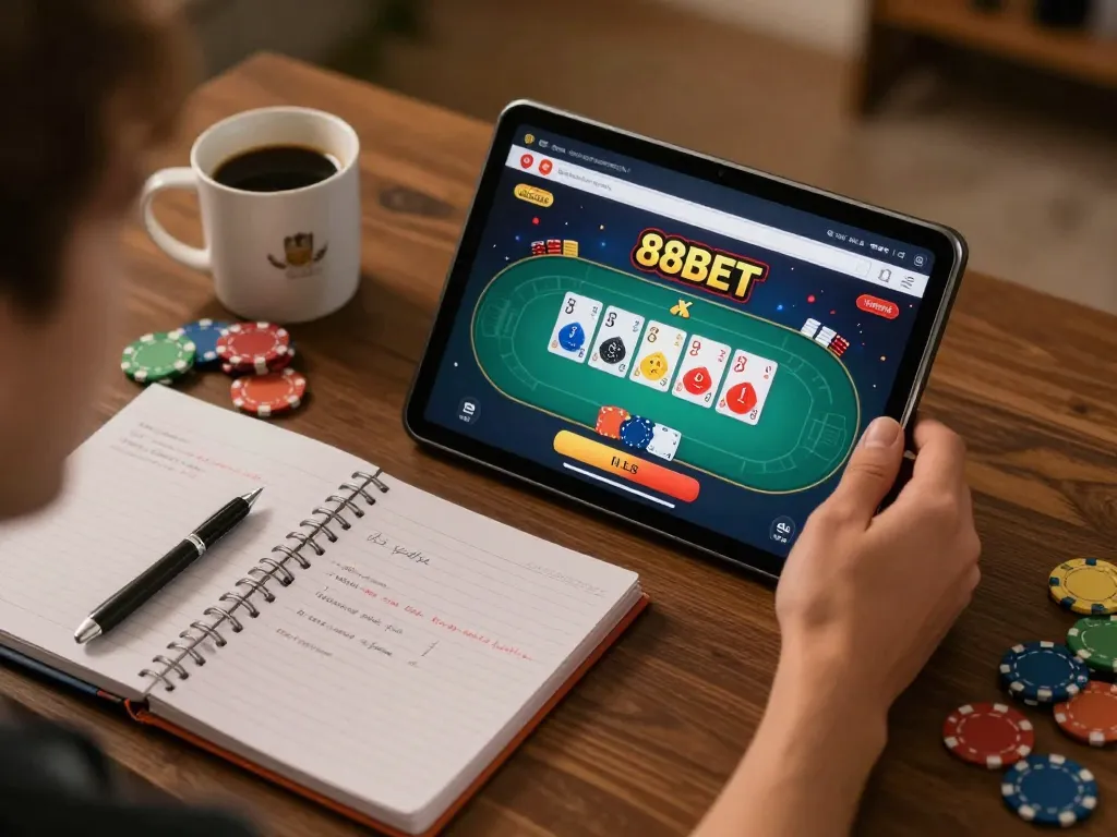 Player strategizing on 88BET app during online poker session in cozy home setup