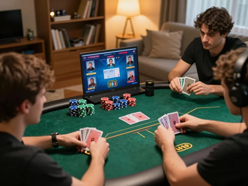 Players strategizing in an online poker game on lode88vi, with cards and chips intensifying the moment.
