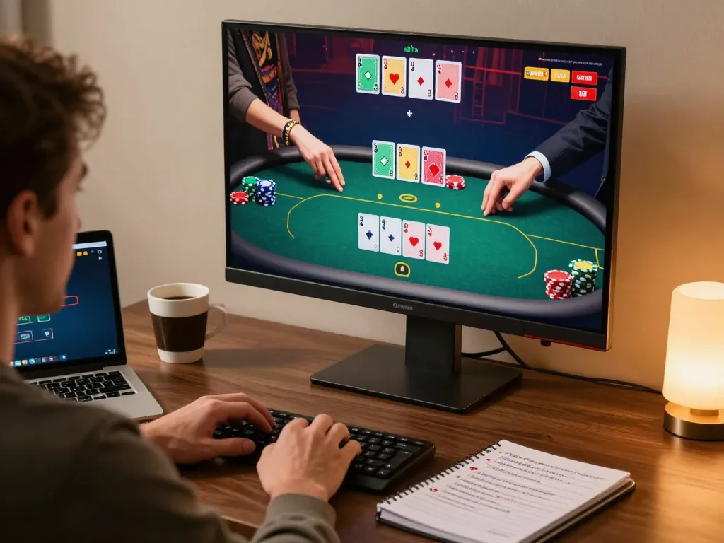 Player betting on 789win poker game displayed on a desktop, showcasing strategy notes and gaming atmosphere.