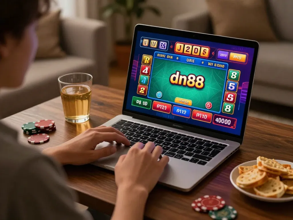 Engaging in a thrilling live dealer game at dn88 casino on a laptop, showcasing the excitement of online gaming.