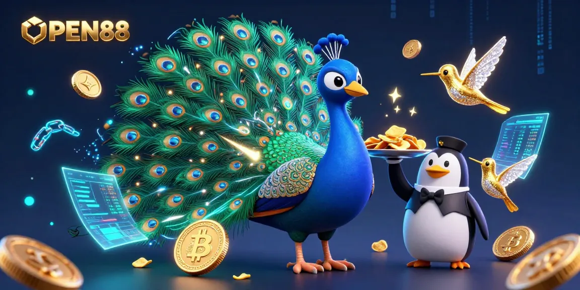Experience thrilling slots at OPEN88 with a vibrant scene of colorful characters and crypto elements.
