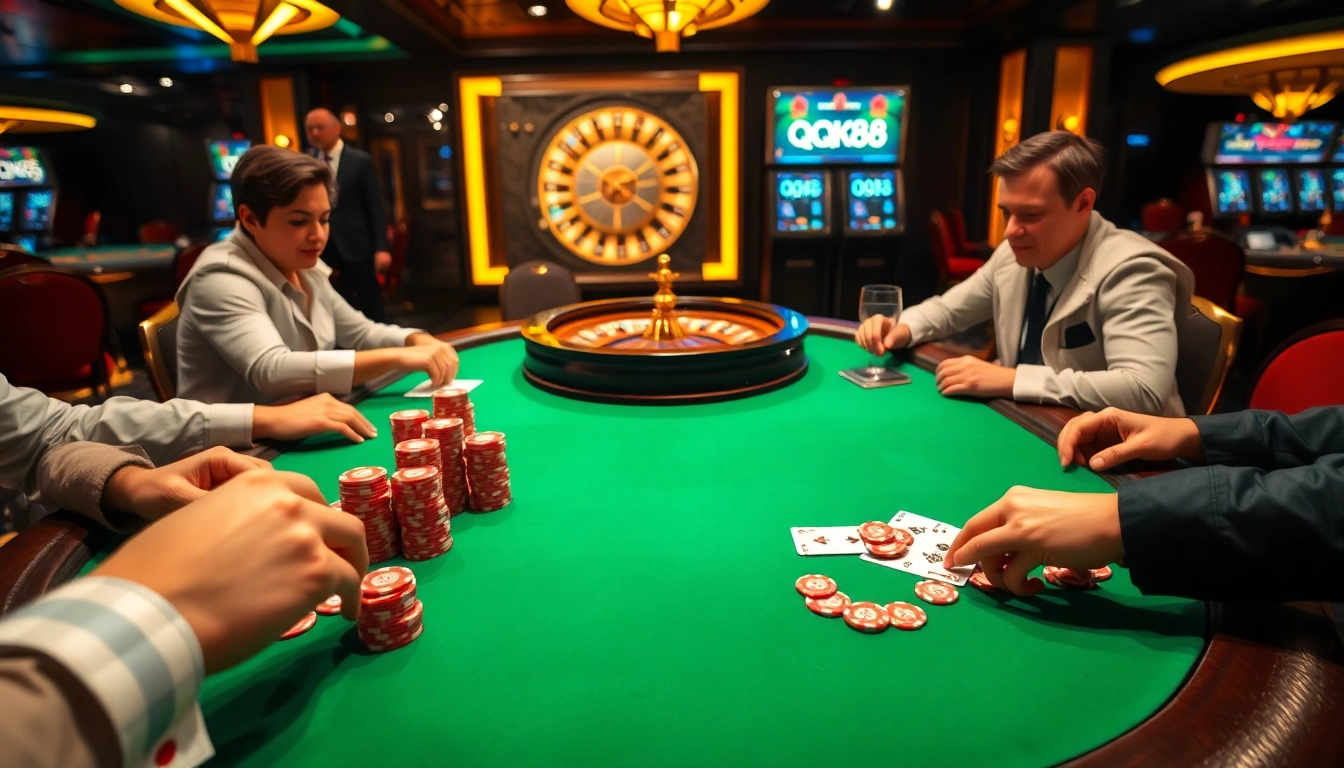 Players engaged in an exciting QQ88 poker game at a luxurious casino table.