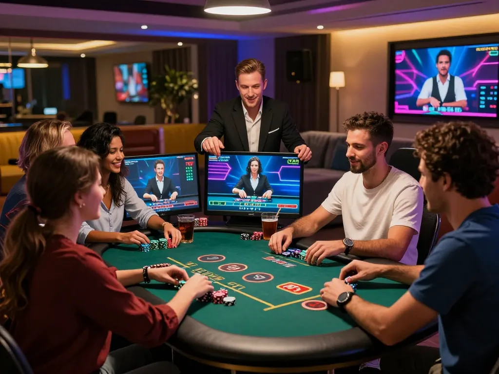 Friends enjoying a KO66 online casino game with a vibrant atmosphere and professional dealers.