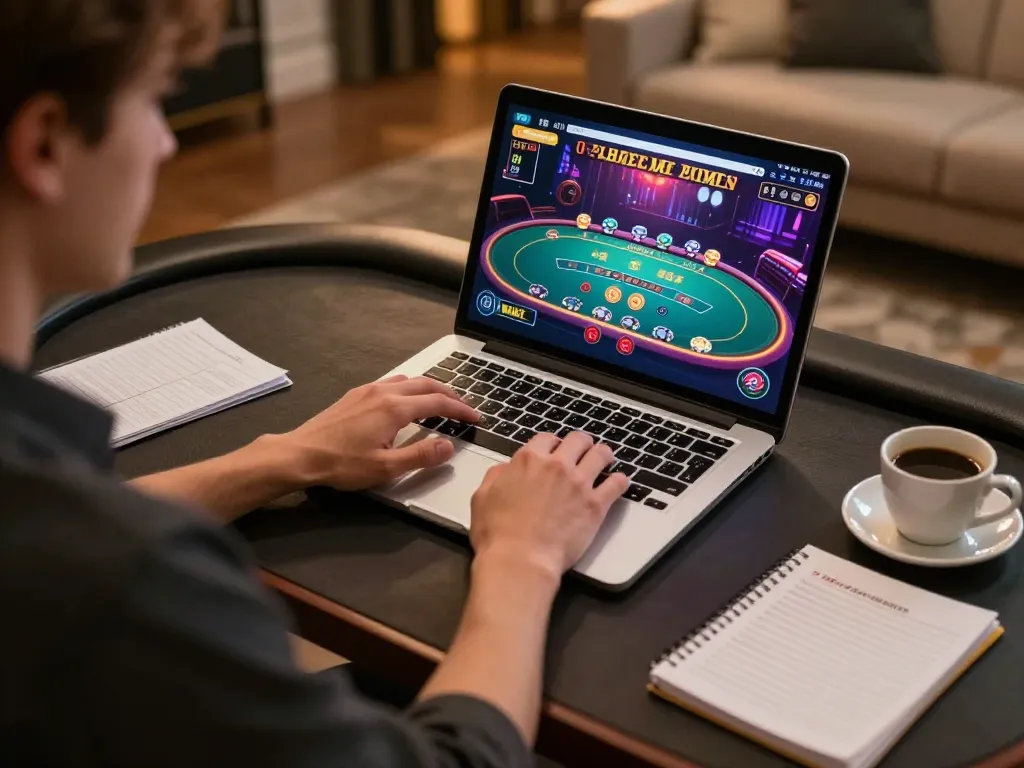 Player using vip79 online casino for blackjack with vibrant graphics in a cozy home office
