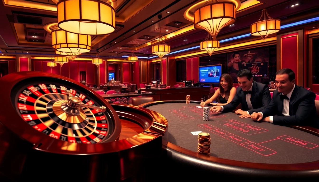 Players enjoying the nk88 game at an upscale casino with vibrant roulette and poker action.