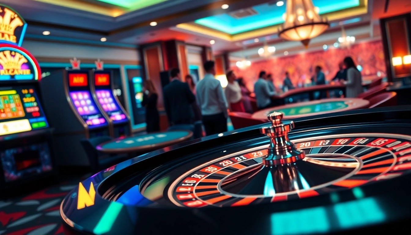 Players enjoying a thrilling gambling experience at NOHU90 casino tables with vibrant lights.