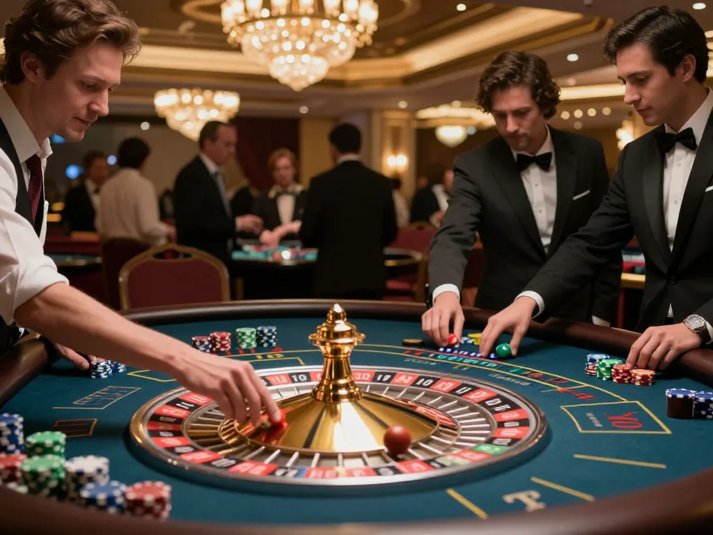 f168 players placing bets at a roulette table in a luxurious casino setting