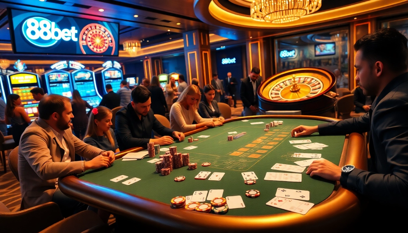 Action-packed poker scene at 88bet with chips, cards, and a roulette wheel.