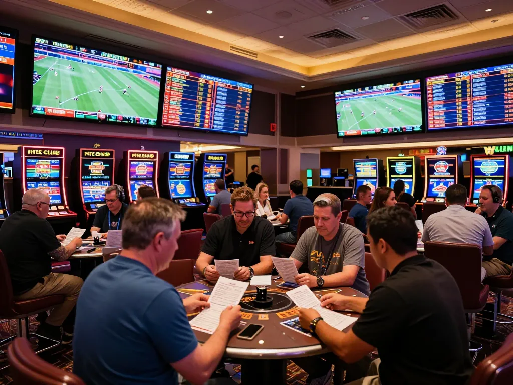 HIT CLUB patrons cheering while placing bets at a lively Las Vegas sportsbook with vibrant screens.
