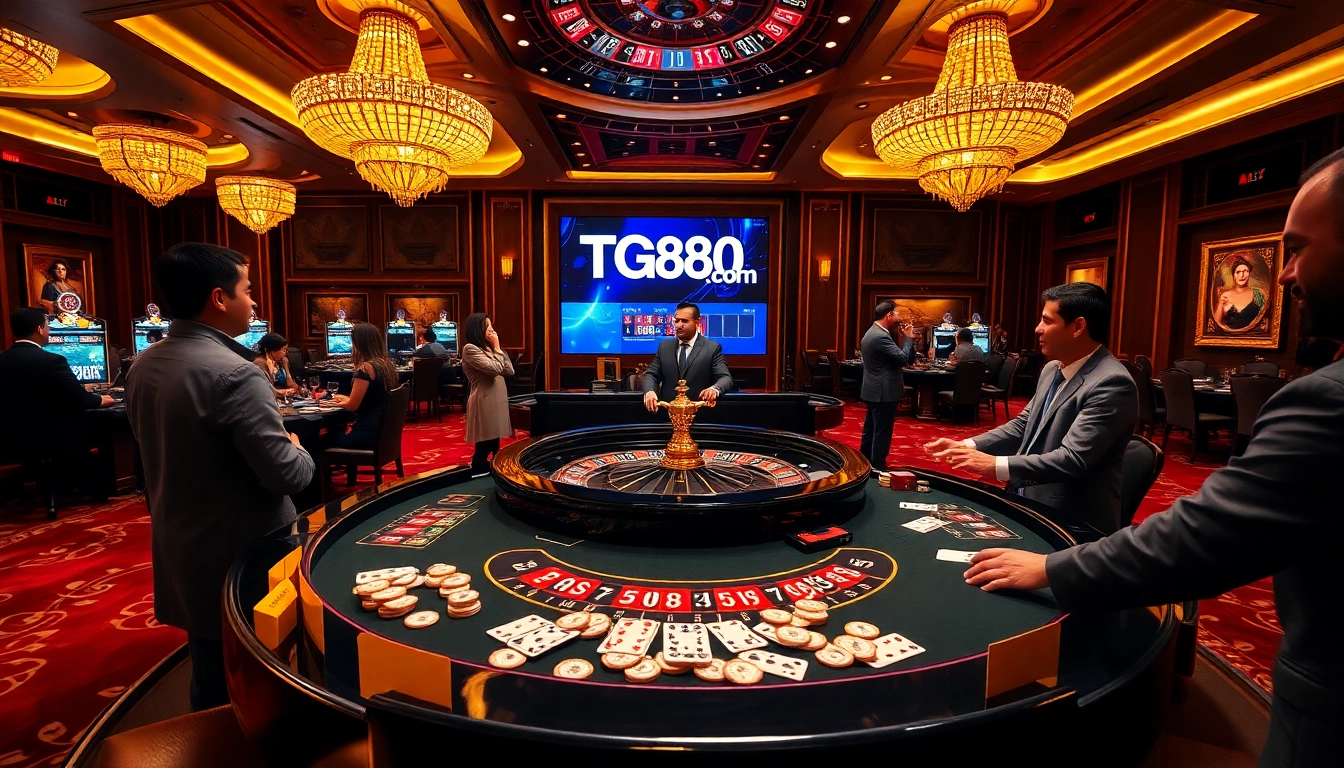 Experience thrilling gameplay at TG88 com with an engaging casino scene featuring roulette and poker.