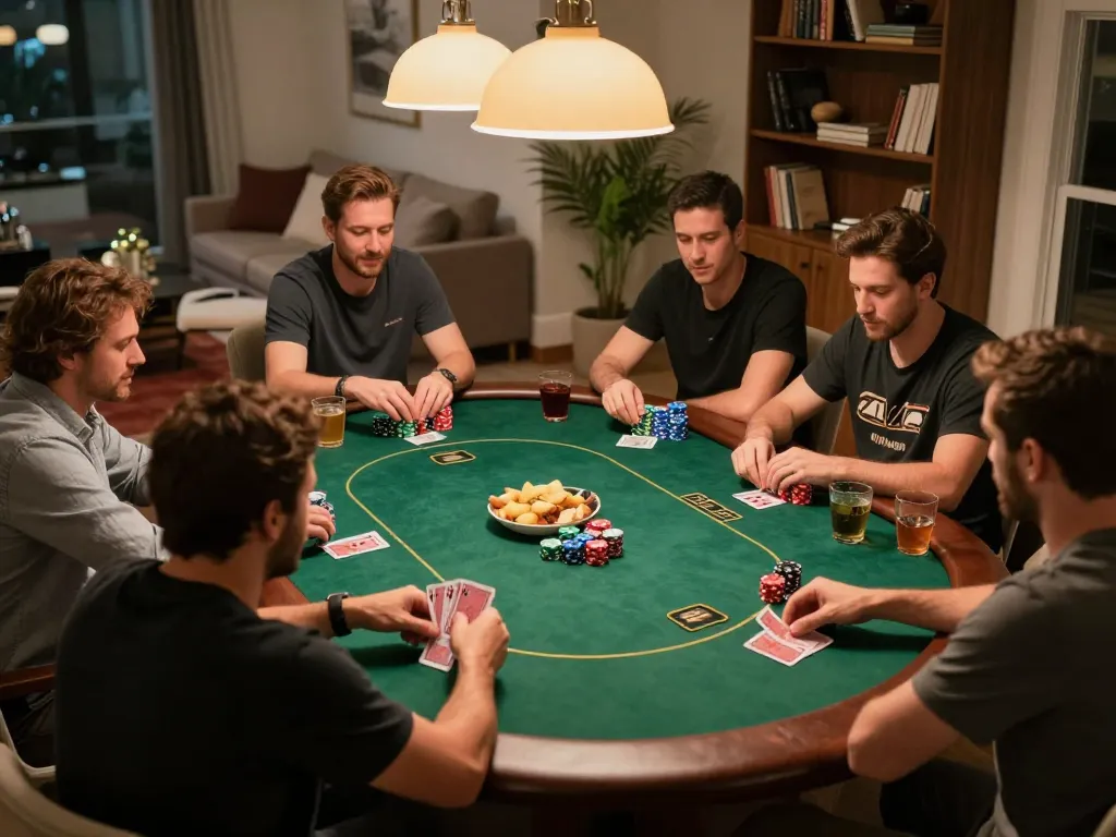 Friends enjoying a friendly poker game at home with excitement in the air while testing their skills at vu88a.