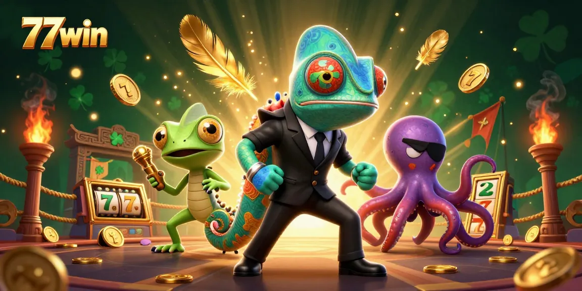 Experience thrilling gaming adventure at 77win with dynamic slot reels and action-packed characters.
