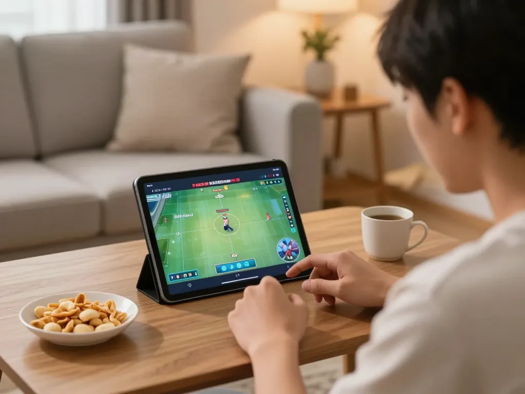 Watch Đá gà thomo live stream on a tablet in a cozy home setup, highlighting engaging gameplay.