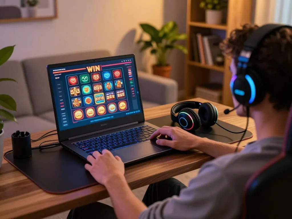 Engaging gameplay at 555 WIN online casino with vibrant screen and gaming accessories