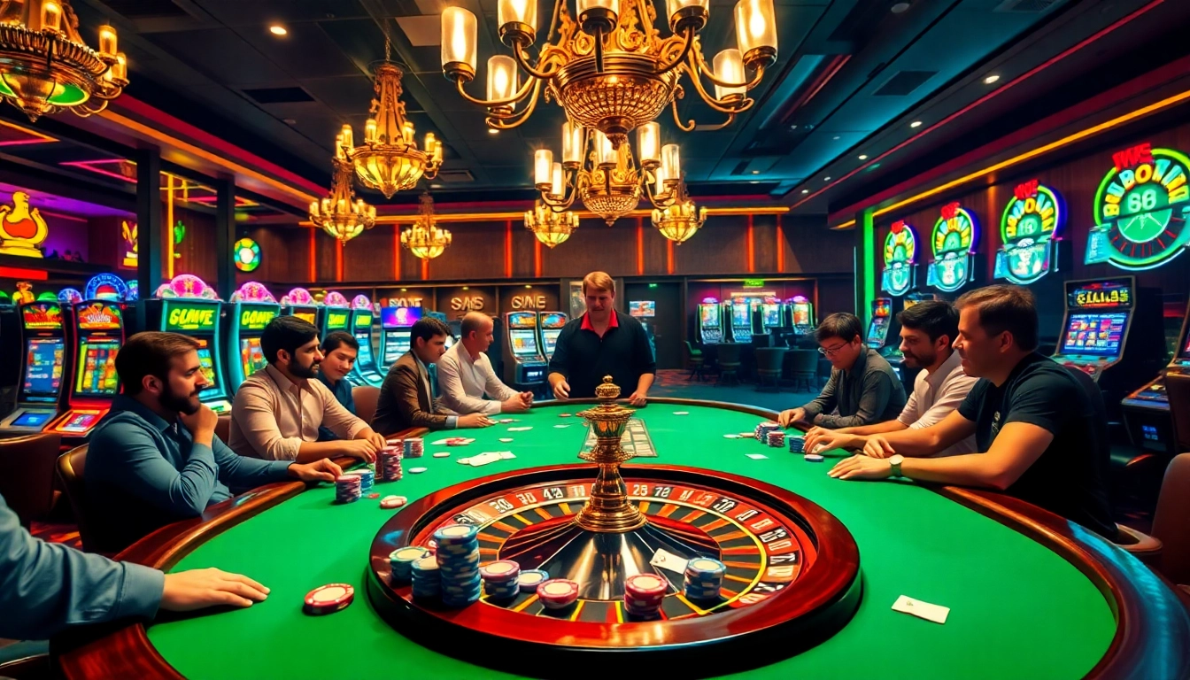 Poker players engage in a thrilling game at https://9bet41.com/ with vibrant casino elements.