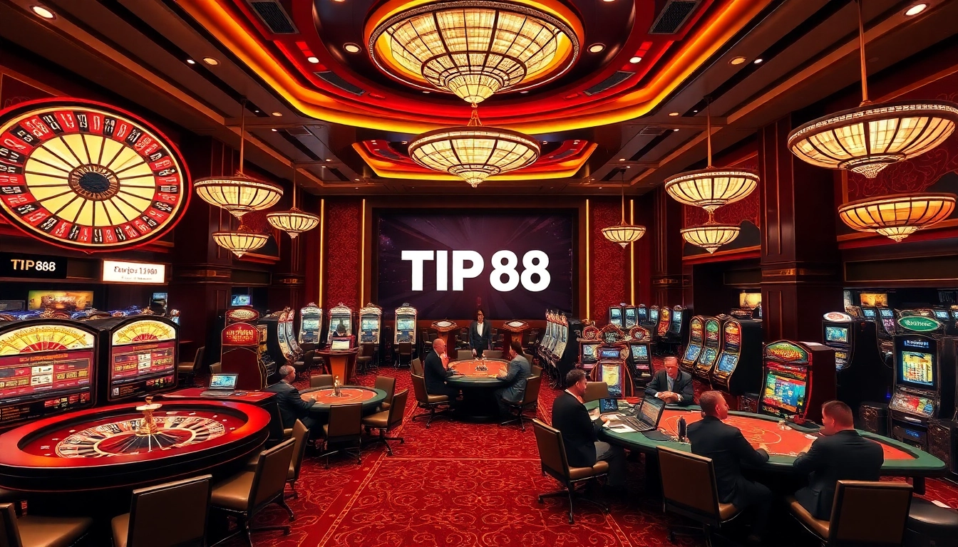 Experience the thrilling atmosphere at TIP88 with roulette wheels and poker tables in a luxurious casino.