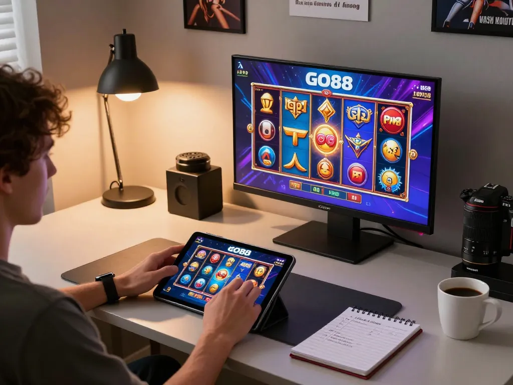 Engaging in GO88 online gaming on tablet with vibrant slot graphics in cozy home setup.