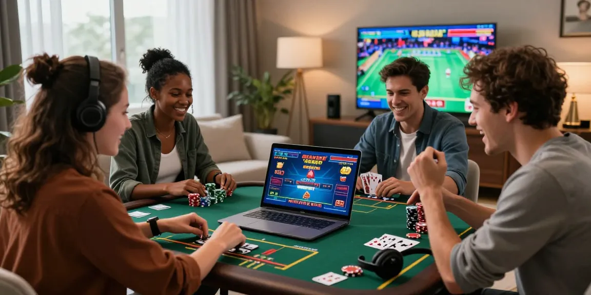 Friends enjoying online gaming at home with au88 platform, showcasing poker chips and laptop.