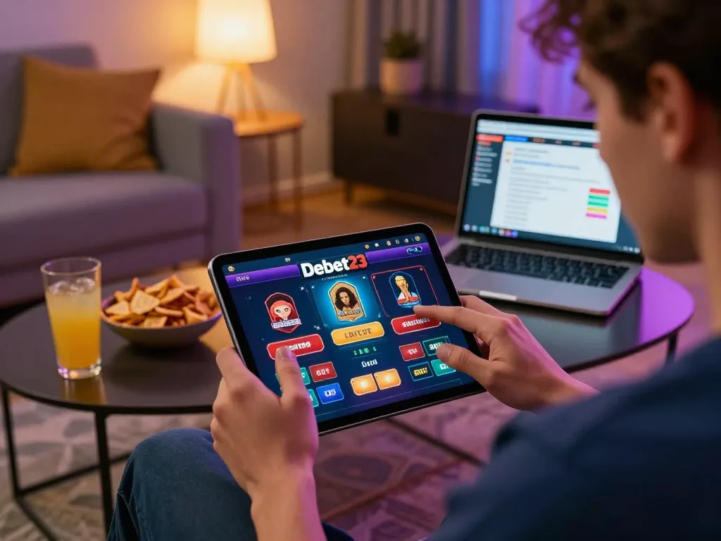 Engaged player exploring debet23 online casino interface on a tablet in a cozy home setting