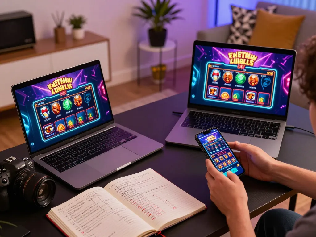 Gamer enjoying online casino experience with 23win168 on laptop and smartphone in cozy home setting.