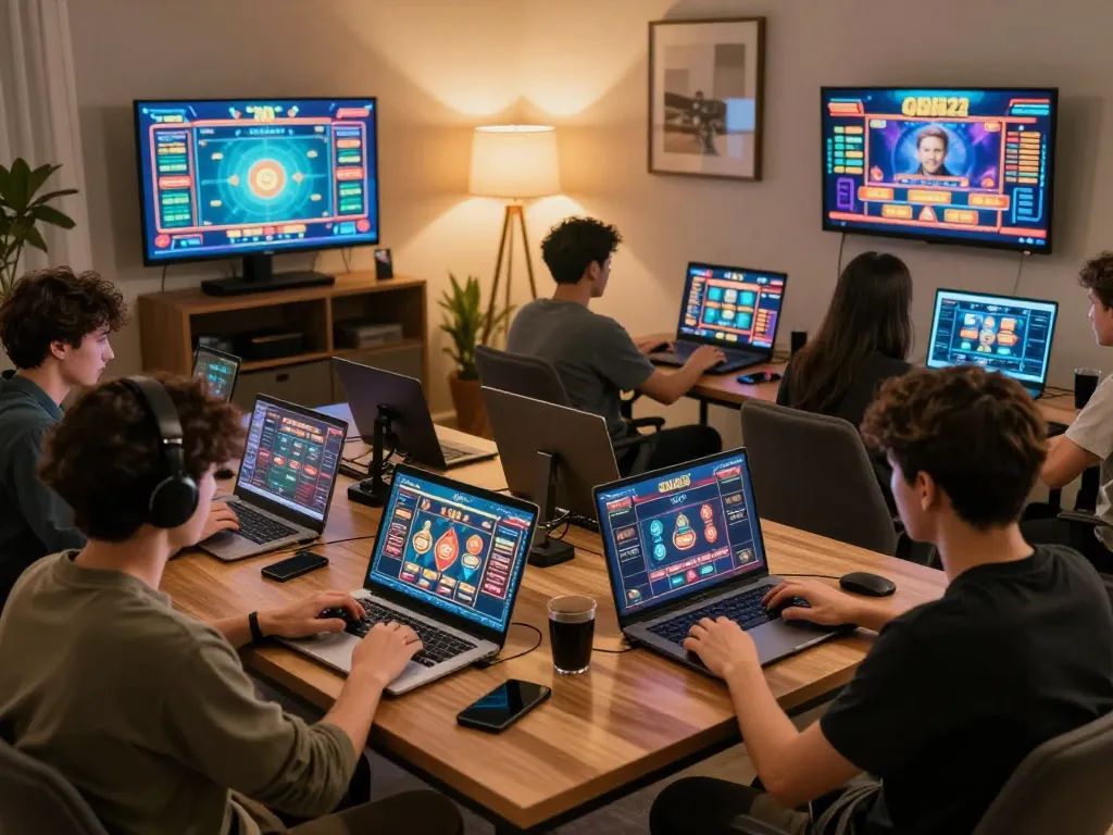 Engaged players using fly88 for online gaming from stylish home setup with modern decor.