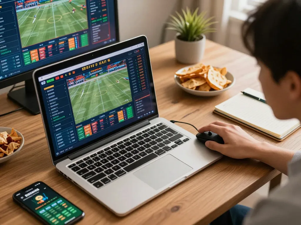 Player engaging in sports betting on laptop, analyzing odds with rik88 app.