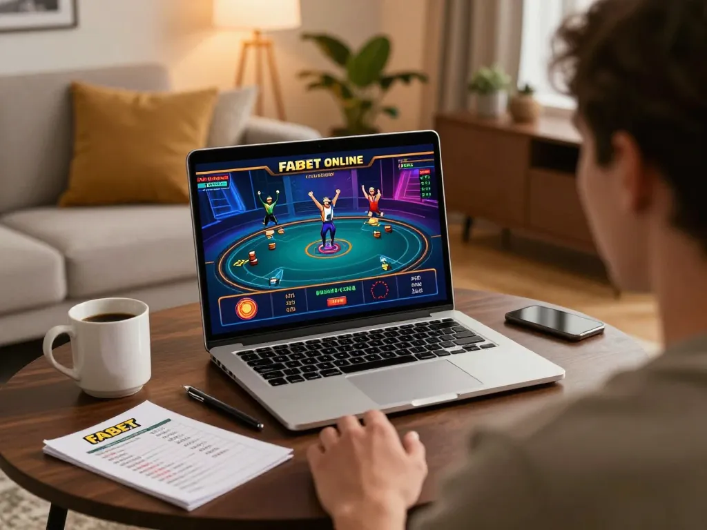 Engaging online gaming experience at FABET with a laptop setup, enhancing home casino atmosphere.