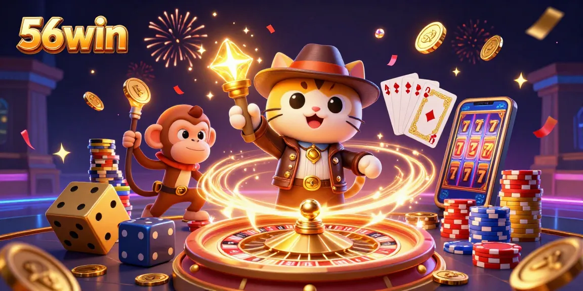 Win exciting treasures at 56win with cartoon archaeologist finding golden casino artifacts.