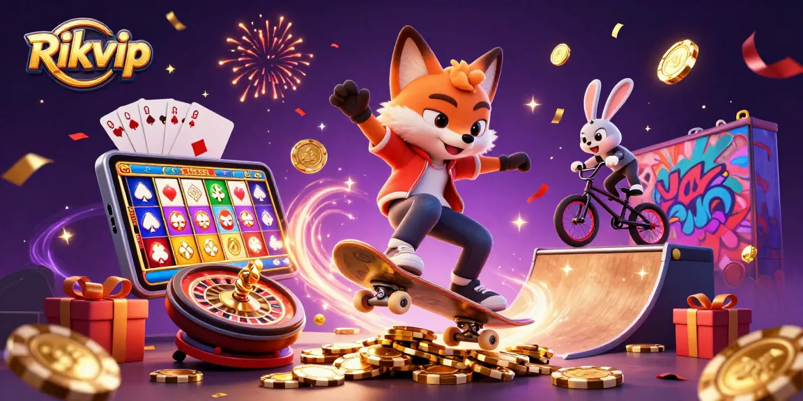 Experience exhilaration with Rikvip's vibrant casino-themed 3D illustration showcasing thrilling gaming elements.