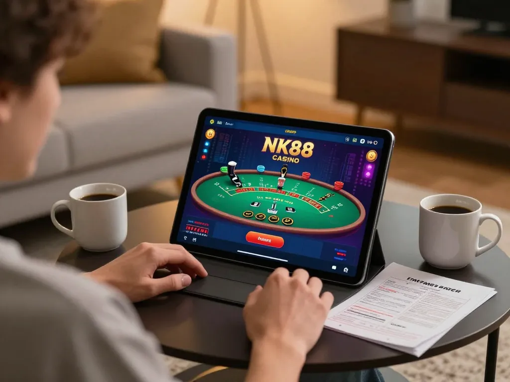 Engaging in live dealer gameplay on NK88 casino app at home, illustrating immersive gaming experience