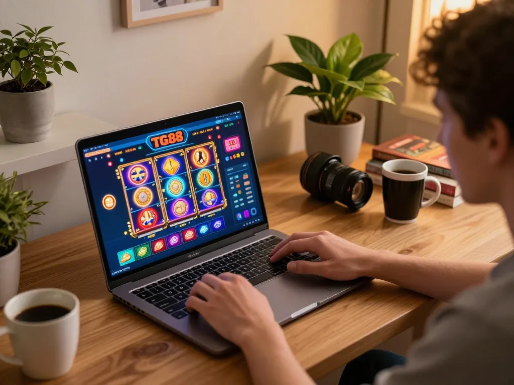 Engaged player at TG88 enjoying online slots with vibrant game interface.
