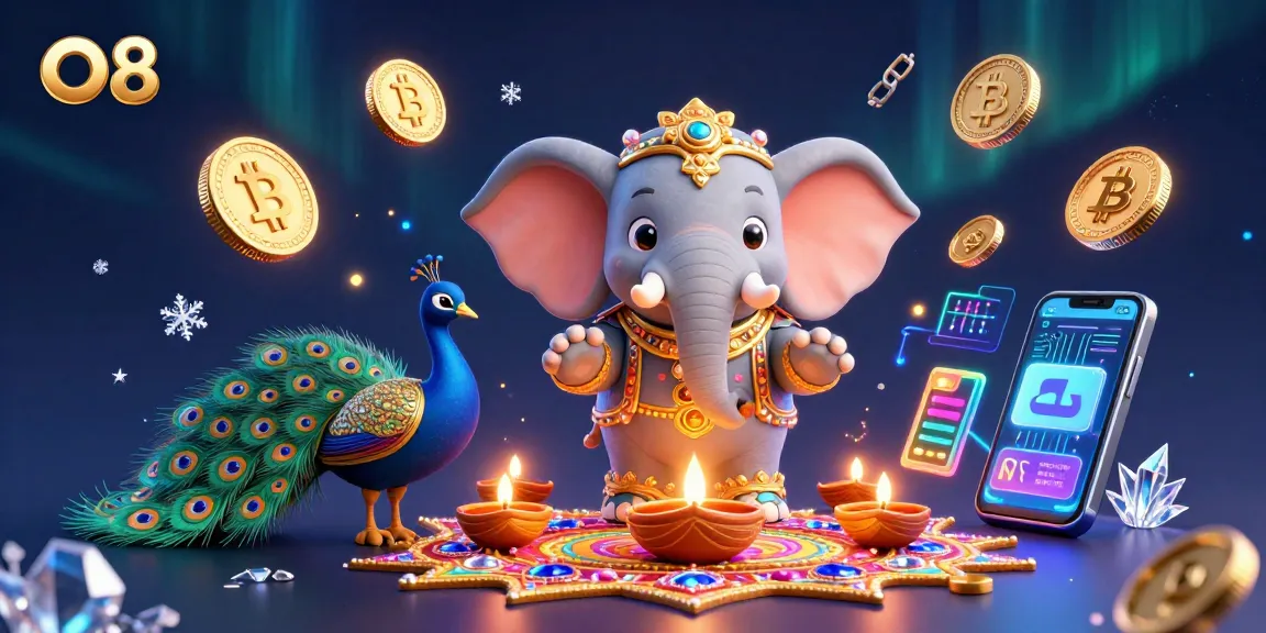 Play thrilling games at O8, showcasing an elephant and vibrant casino elements in a dynamic atmosphere.