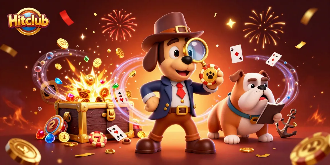 Hitclub engages players with a dynamic casino scene featuring a detective and gold clues amidst treasures.