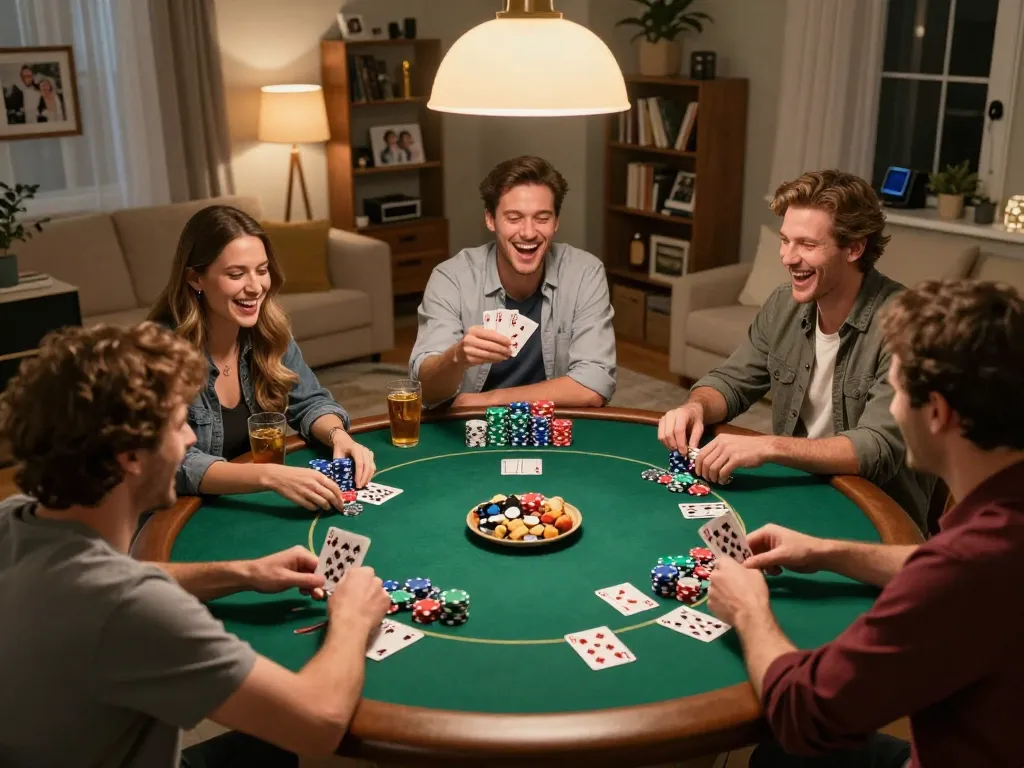Players enjoying a thrilling poker game at home, showcasing lucks8 and strategic gameplay.