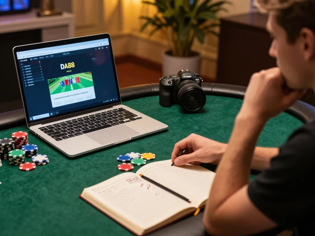 Player enjoying DA88 poker game online, surrounded by chips and strategy notes in warm home setting.