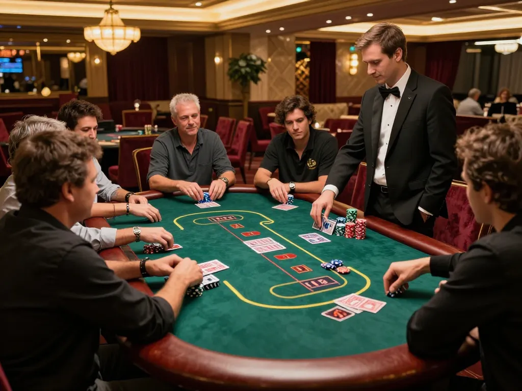 Engaged players experiencing thrilling Texas Hold'em at LU88vip poker table in luxurious casino setting