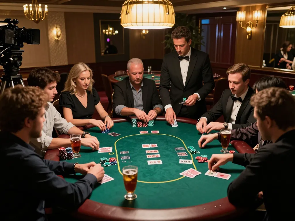 Players strategizing in an engaged GG777 poker game at a luxurious casino table, rich ambiance and excitement.