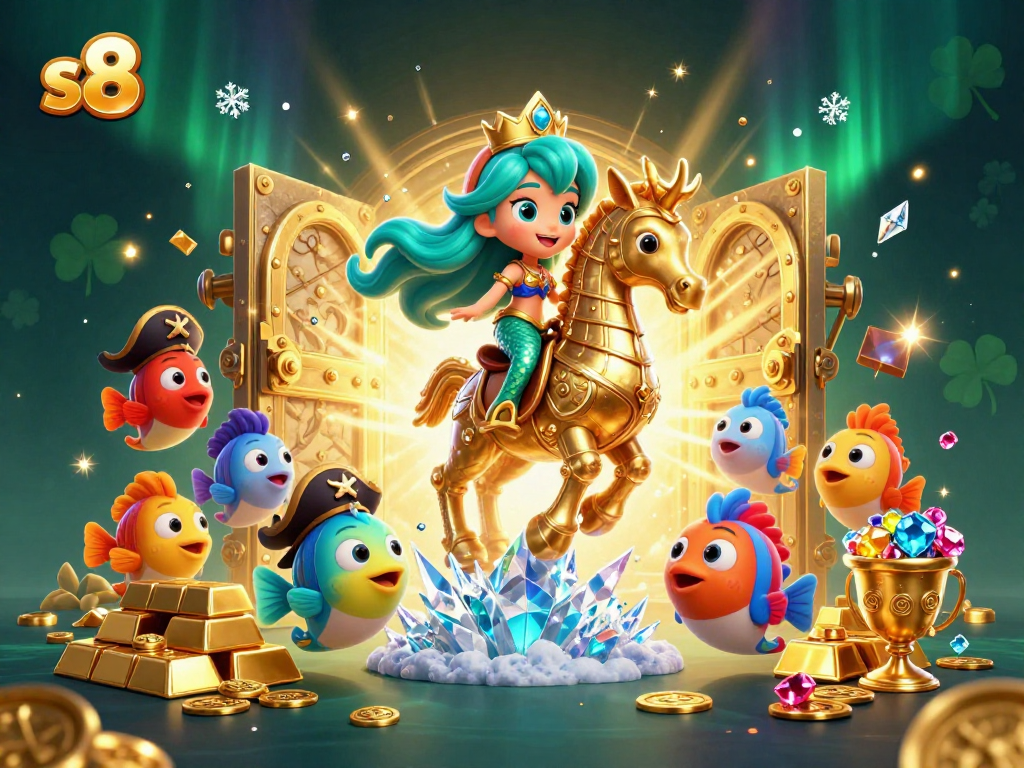 Experience the thrill of s8 as the mermaid princess rides a golden seahorse among treasure and gems.