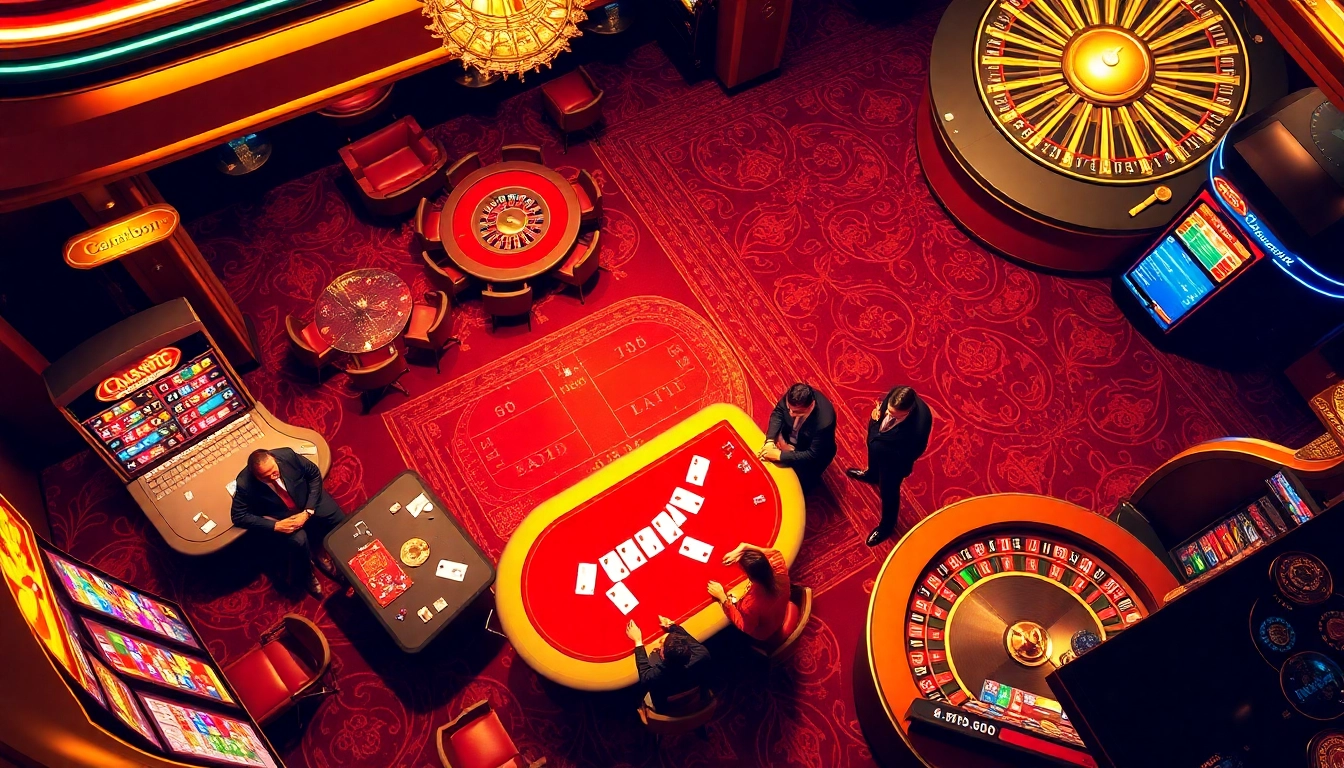 Exciting casino environment at https://debet13.com/ with poker tables, slots, and vibrant gamblers.