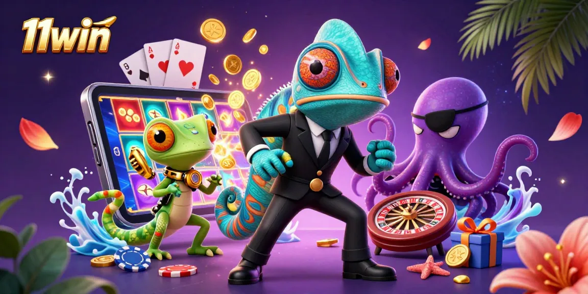 Experience the thrill of 11win with a vibrant Casino illustration featuring a chameleon, gecko, and octopus.